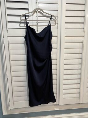 Satin Cowl Neck Midi Slip Dress in Navy
